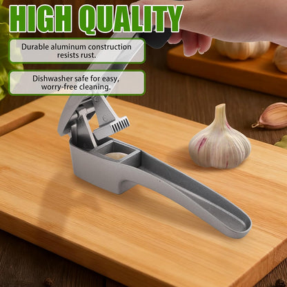 Garlic Press and Peeler Set - Silicone Garlic Peeler Tube Roller and Aluminium Garlic Press with Built-In Cleaning Tool Garlic Crusher, Mincer & Peeler for Unpeeled Garlic Cloves