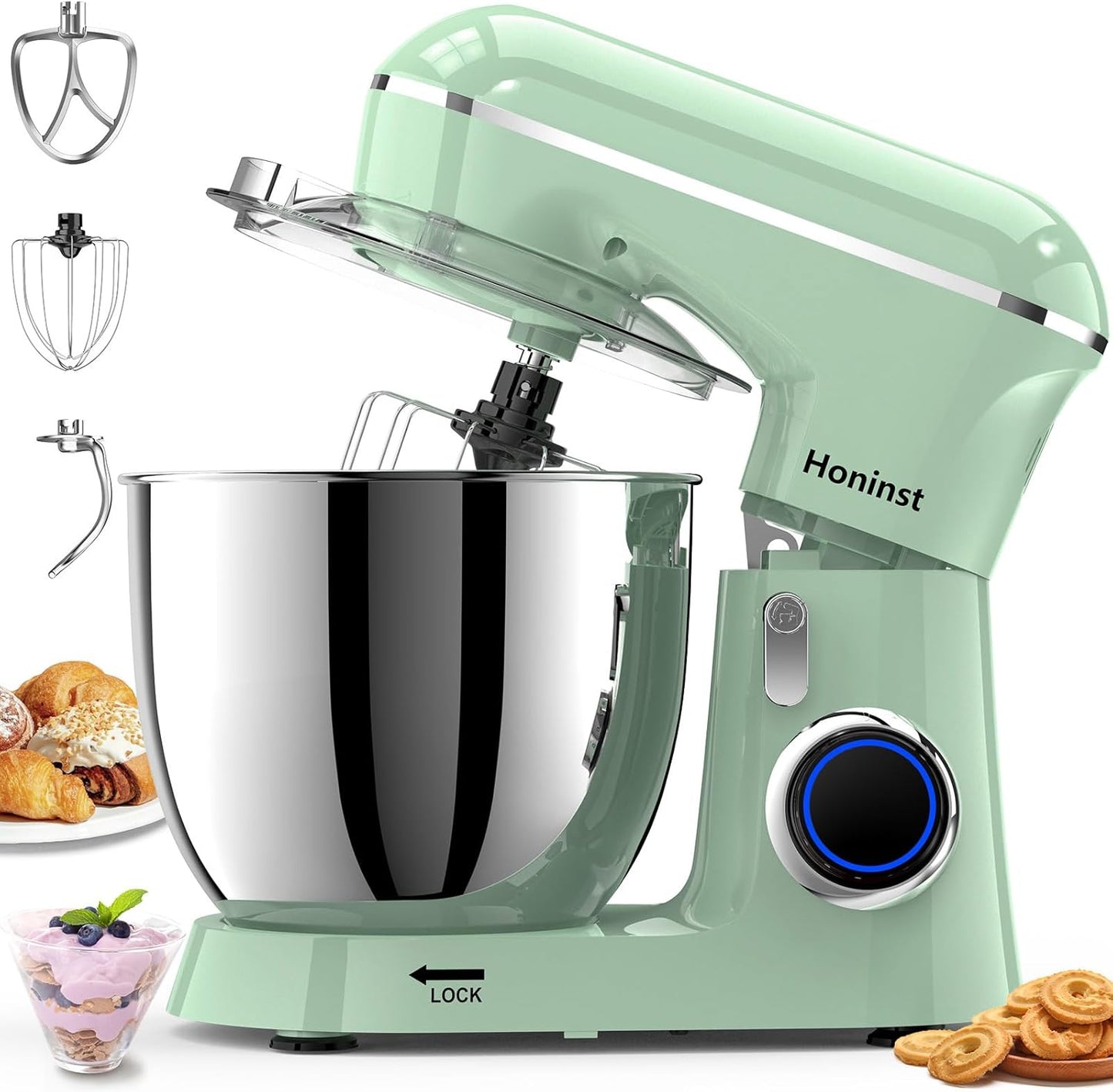 Honinst Stand Mixer, 6.5QT 10-Speed Tilt-Head Electric Stand Mixer, 3-In-1 Kitchen Mixer with Bowl, Dough Hook, Whisk and Beater, Food Mixer for Baking, Cake and Most Home Cooks, Black