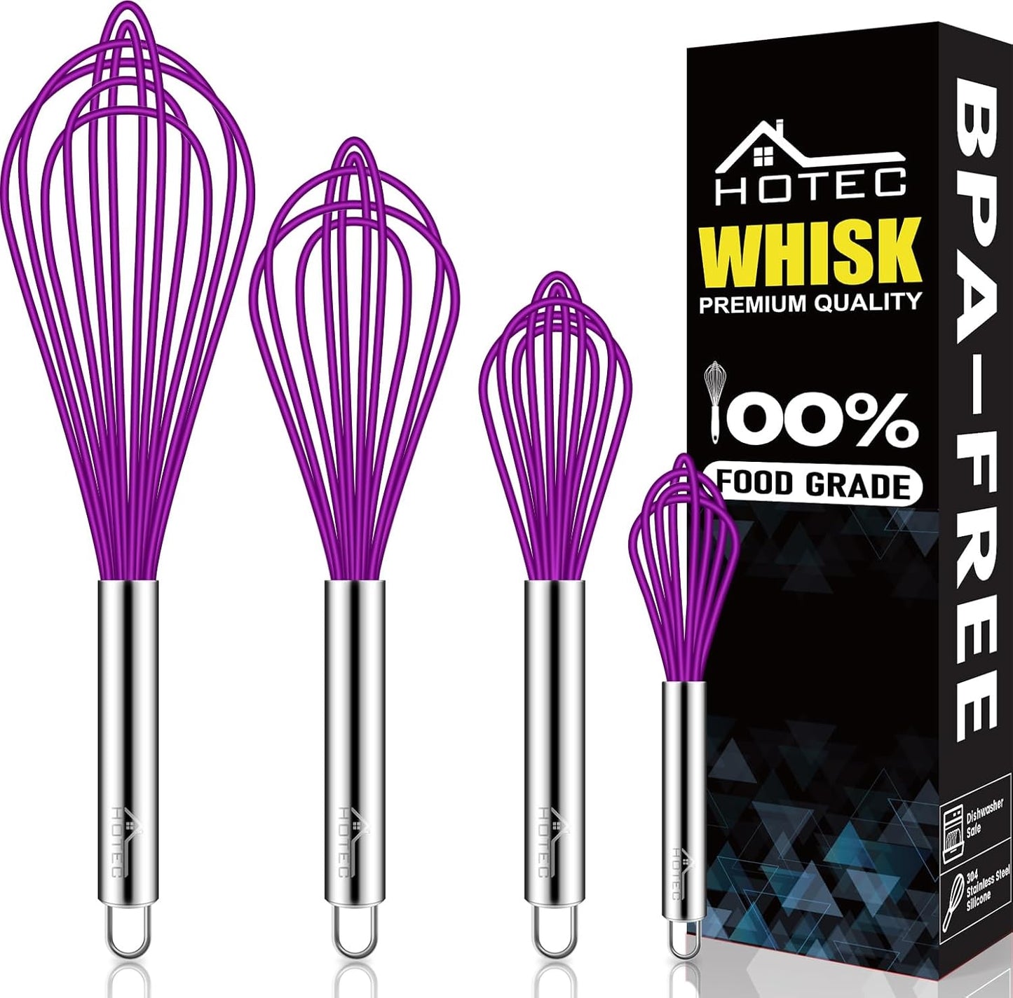HOTEC 4 Pieces Silicone Whisks Set, Wire Balloon Whisks for cooking Egg Beater, Non-slip Handle Whisk for Non-stick Cookware Perfect for Cooking, Stirring, Beating and Blending (Multicolor)