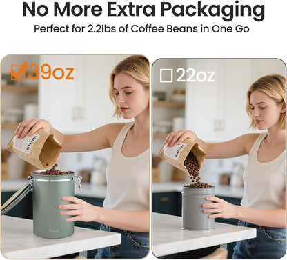 Veken Coffee Canister, Airtight Stainless Steel Kitchen Food Storage Container with Date Tracker and Scoop for Beans, Grounds, Tea, Flour, Cereal, Sugar, Cookie, 16OZ, Cream