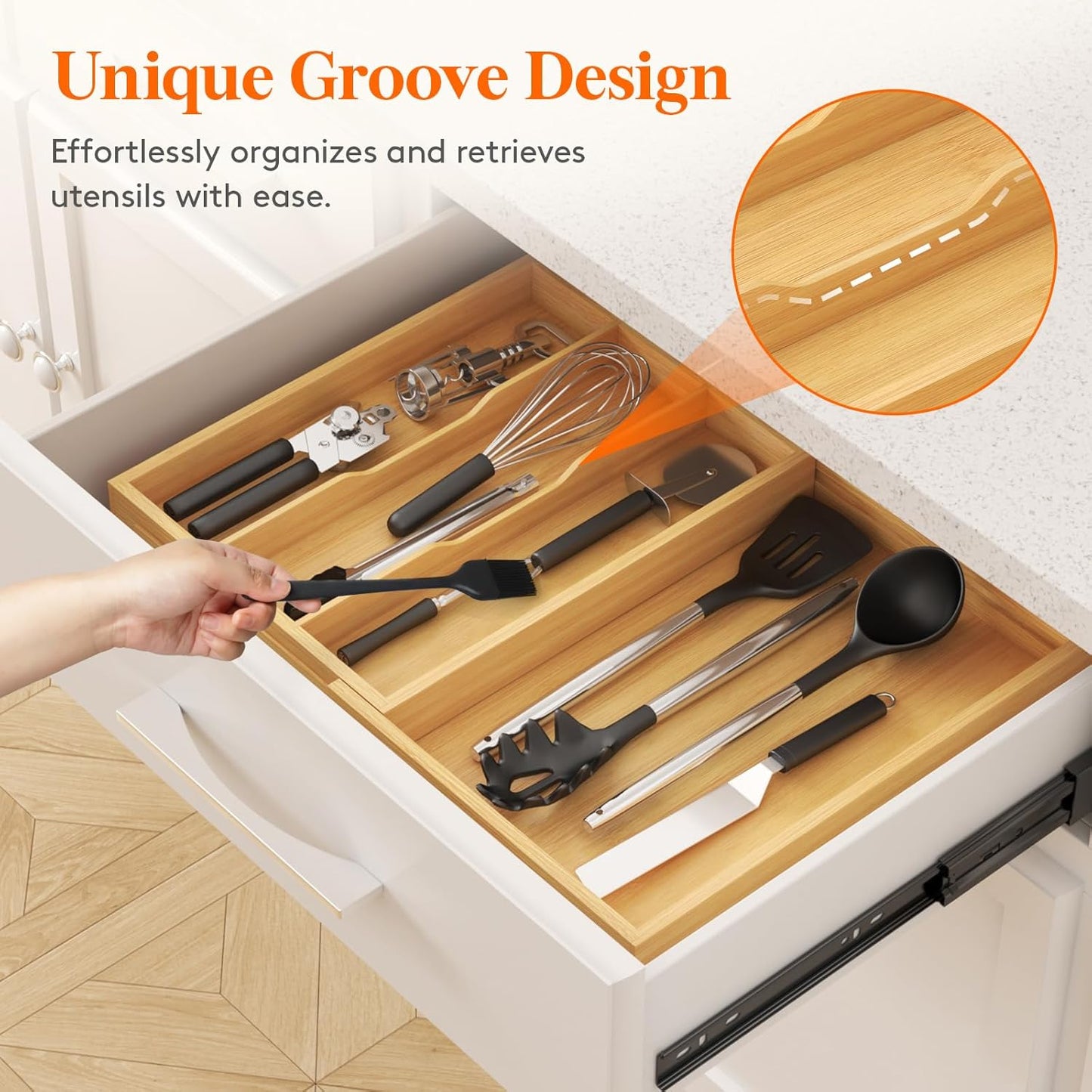 Lifewit Utensil Organizer for Kitchen Drawer, Expandable Cooking Utensil Tray, Cutlery Silverware Flatware Holder, Wood Adjustable Spatula Tools Storage Divider, 8.9-15.8 x 15.75, Natural