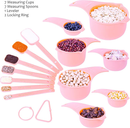 Plastic Measuring Cups and Spoons Set 15, Purple Dry & Liquid 7 Measuring Cups & 7 Measuring Spoons with Leveler, Metric & US Kitchen Measure Cups Spoons for Cooking & Baking