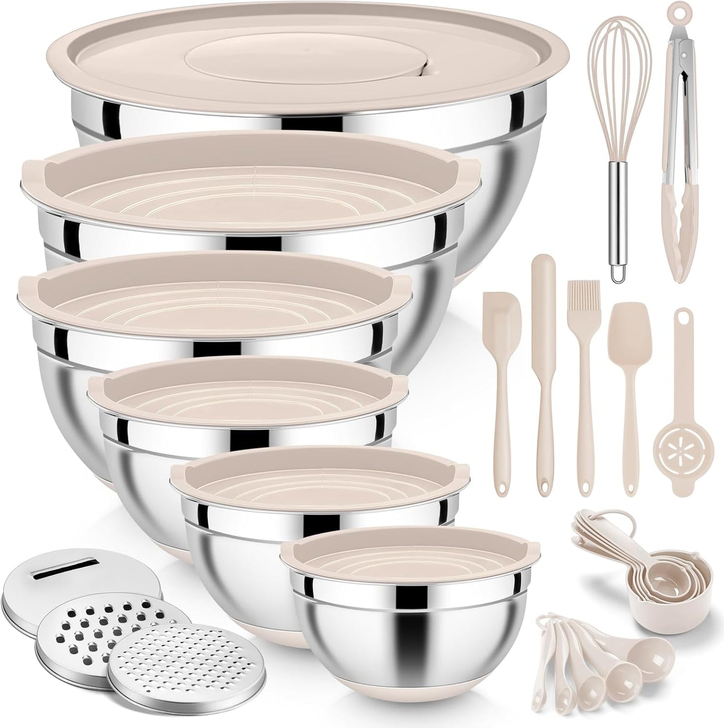 E-far 25PCS Mixing Bowls with Lid Set, Stainless Steel Nesting Prep Bowls with Grater Attachments Non-Slip Bottoms for Cooking, Baking, Serving, Food Storage, 4.6/2.6/2/1.5/1/0.7QT - Blue