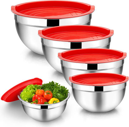 TeamFar Mixing Bowls with Lids, 5-Piece Stainless Steel Metal Nesting Salad Bowl for Mixing Prepping, Healthy & Heavy Duty, Airtight Lids & Dishwasher Safe, 4.5/3/1.5/1/0.7 QT-Khaki