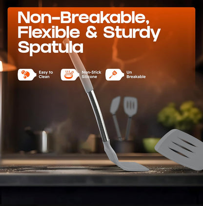 BakeRoyal Silicone Spatula Set - Turner Spatulas Silicone Heat Resistant 600°F - Slotted & Solid Spatula for Cooking Fish, Eggs, Pancakes Flipper – Spatulas for kitchen use – Royal Blue