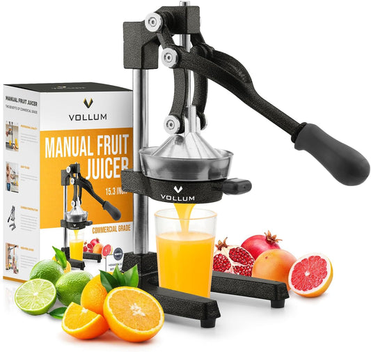 Vollum Hand Press Manual Citrus Juicer - citrus squeezer Commercial Grade Home Orange juice Squeezer for Oranges, Lemons, Limes - Stainless Steel and Cast Iron Non-skid Suction Cup Base- 15 Inch, Gray