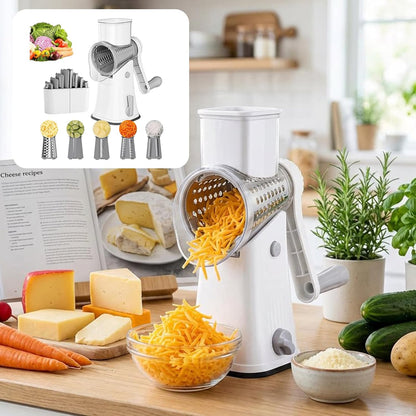Sakerplus 5 in 1 Rotary Cheese Grater Shredder with Handle, Hand Crank Manual Vegetable Slicer & Drum Grater for Cheese, Potatoes, Nuts, Salad, Dishwasher Safe Blades (1, White)