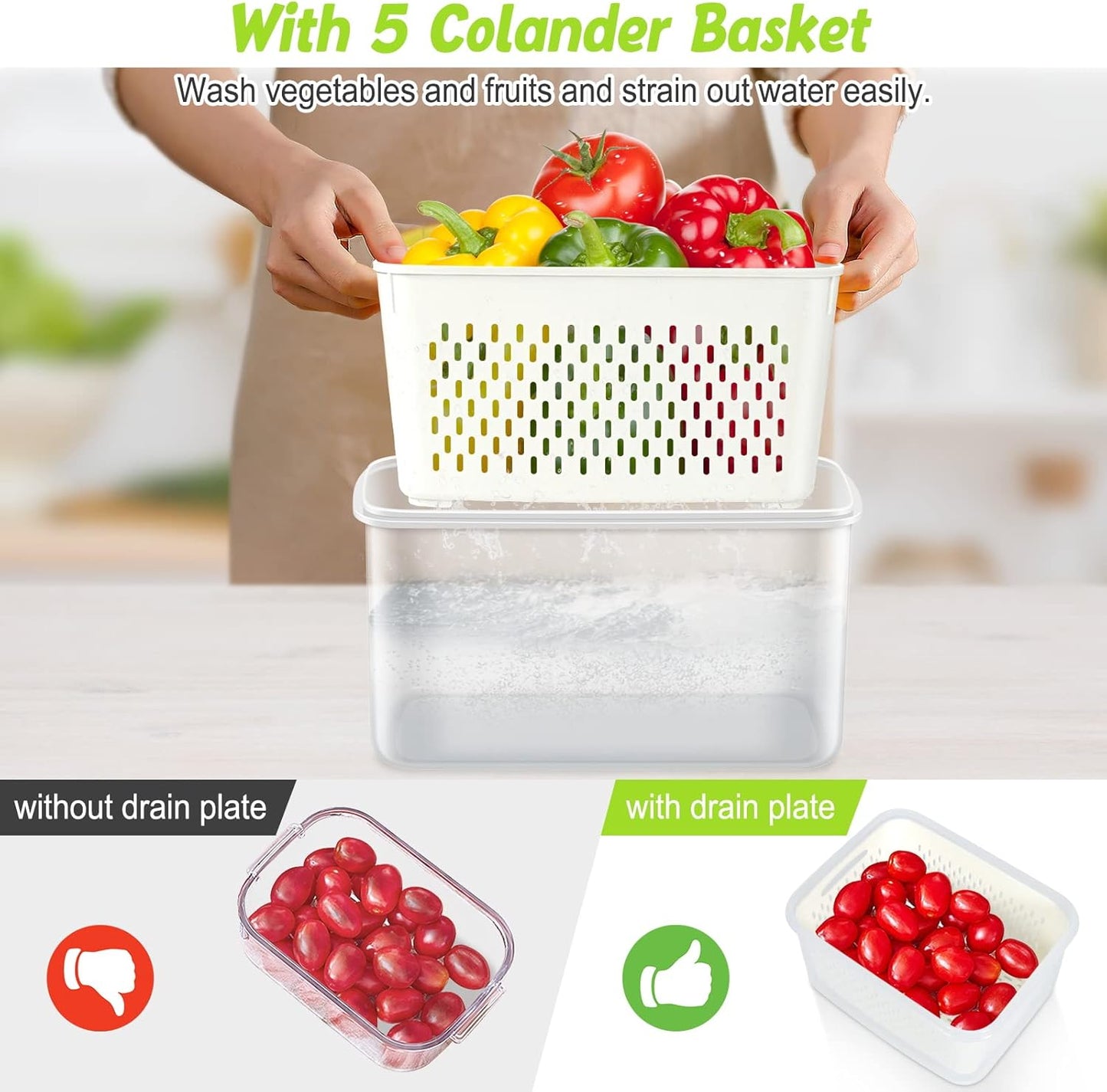 12 Pieces Fruit Storage Containers For Fridge, 6 Pack BPA-Free Fresh Food Containers with Removable Colanders and Airtight Lids, Fresh for Fruit Berry Produce Vegetable, Dishwasher & Microwave Safe
