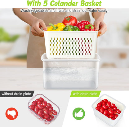 12 Pieces Fruit Storage Containers For Fridge, 6 Pack BPA-Free Fresh Food Containers with Removable Colanders and Airtight Lids, Fresh for Fruit Berry Produce Vegetable, Dishwasher & Microwave Safe