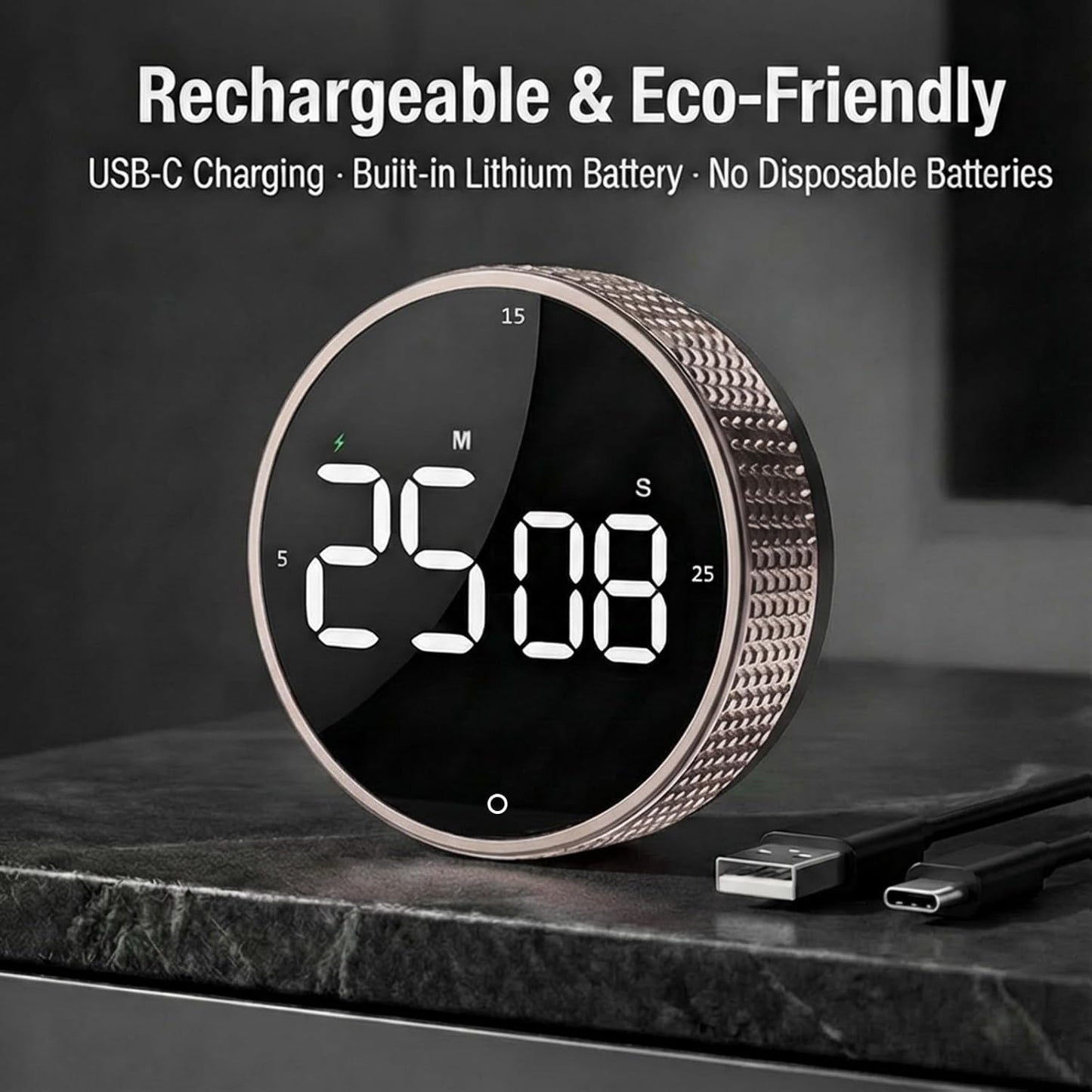 Rechargeable Magnetic Kitchen Timer, LED Countdown/Count-Up Timer, Supports USB-C Charging, with Loud Alarm, 3 Preset Quick Times (5/15/25m), Perfect for Kitchen Cooking, Studying, and Fitness