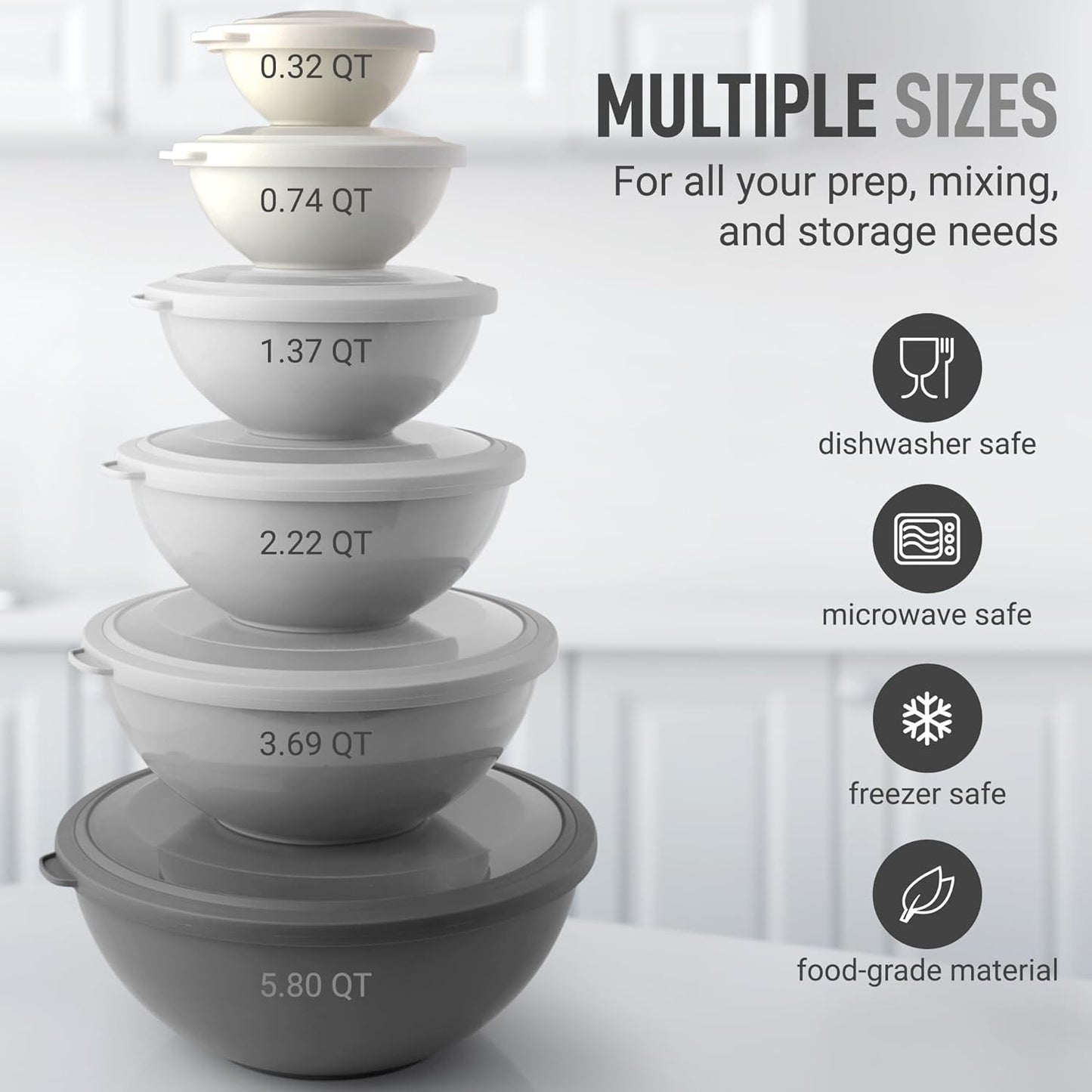 Zulay Kitchen 12 Piece Plastic Mixing Bowls with Lids Set - Leak-Proof Microwave & Freezer Safe Stackable Mixing Bowl Set for Preparing, Serving and Storing - Non-Slip Large Nesting Bowls (Blue Ombre)