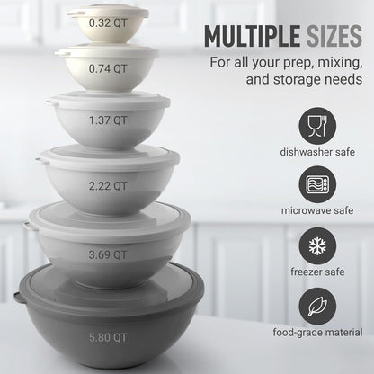 Zulay Kitchen 12 Piece Plastic Mixing Bowls with Lids Set - Leak-Proof Microwave & Freezer Safe Stackable Mixing Bowl Set for Preparing, Serving and Storing - Non-Slip Large Nesting Bowls (Blue Ombre)