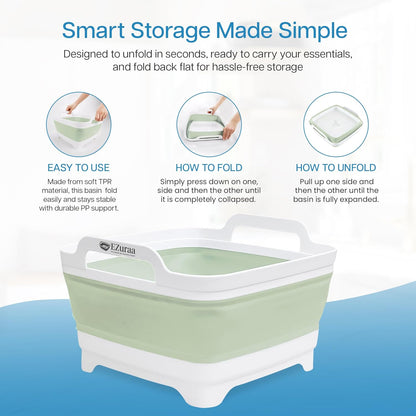 EZuraa 2.4 gal(9L) Gray Collapsible Dish Basin, Portable Sink or Dish Pan for Kitchen Sink with Drain Plug/Strainer, Space Saving Baby Bottle Wash Basin Collapsible Bucket, Beverage Tub for Camping