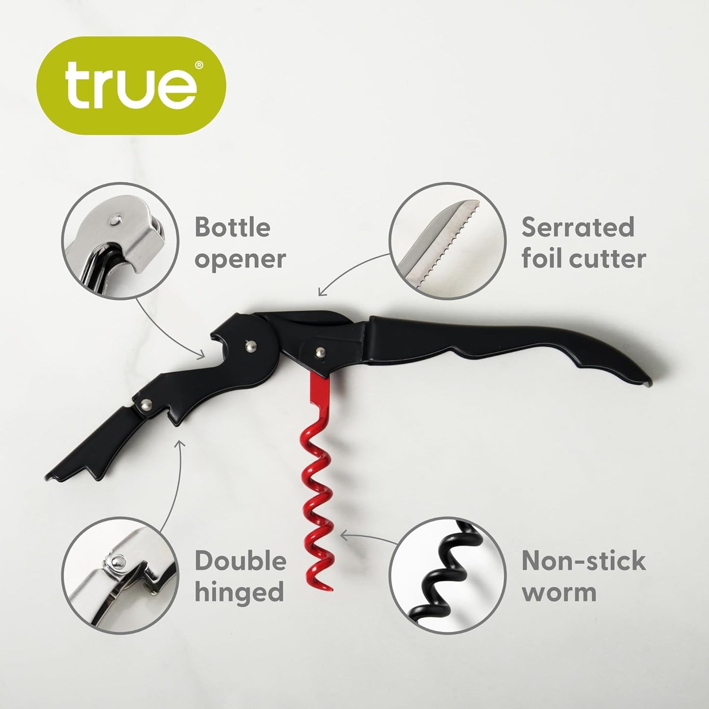 True Truetap Double Hinged Waiter's Corkscrew Wine Opener, Stainless Steel Wine Bottle Opener with Built In Foil Cutter, Home Bar Tools, Bar Cart Accessories, Wedding Gifts, Set of 1, Black