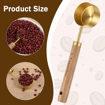 2Pcs Coffee Scoop, Gold Stainless Steel 1 Teaspoon Scoop Wood Long Handle Coffee Measuring Scoops for Coffees, Tea (15ML, 6 Inch)