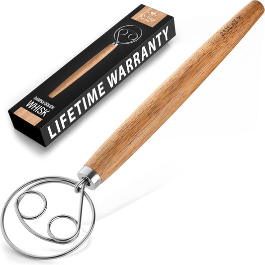 Zulay Kitchen 13-Inch Danish Dough Whisk - Stainless Steel Wooden Whisk with Dough Hook - Sourdough Whisk for Bread, Pizza, Pastry, Cake Batter & More - Wood