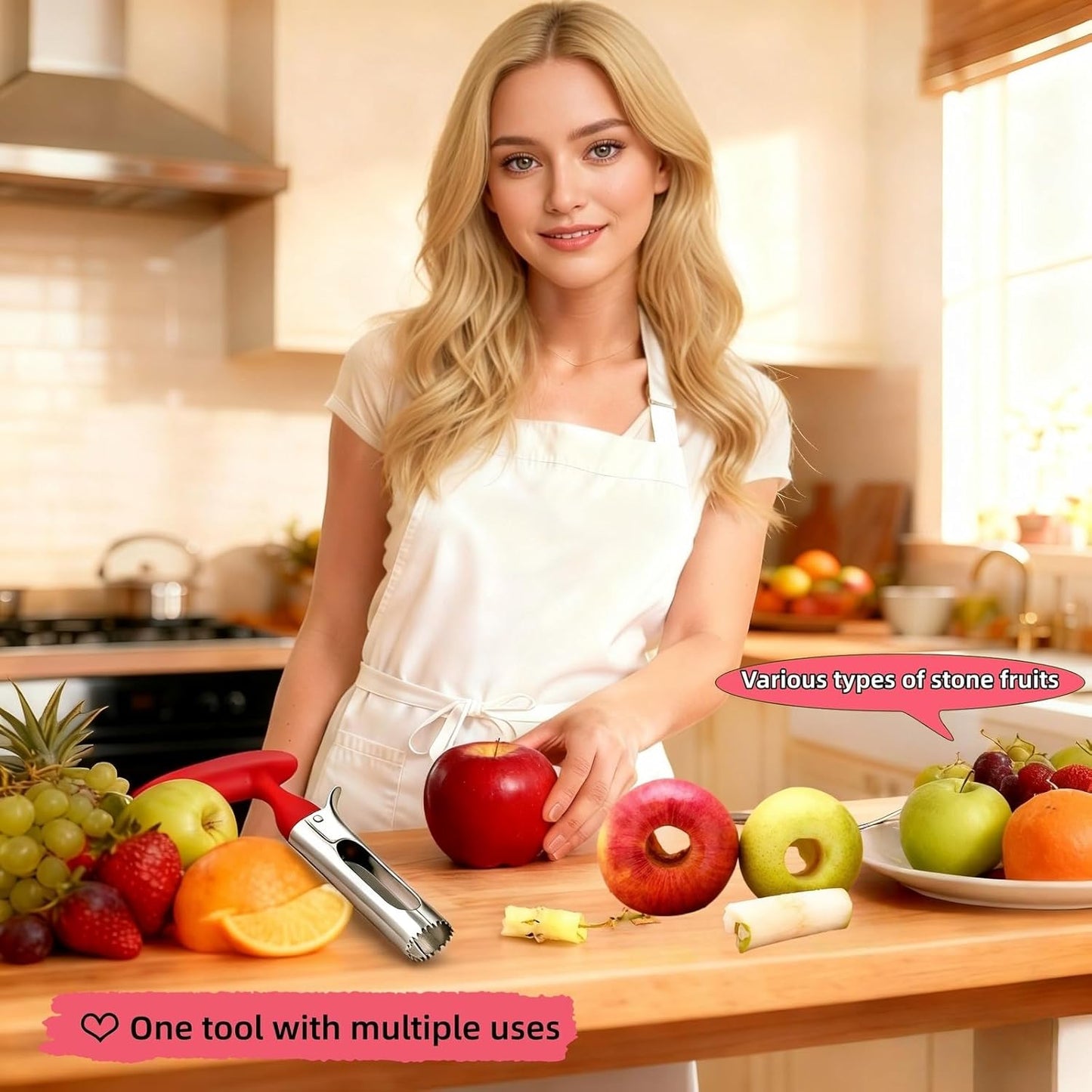 Premium Stainless Steel Apple Corer - Easy Use & Dishwasher Safe, Multi-Fruit Core Remover with Ergonomic Handle for Apples, Pears, Tomatoes & Cupcakes | Durable Kitchen Tool (Green)