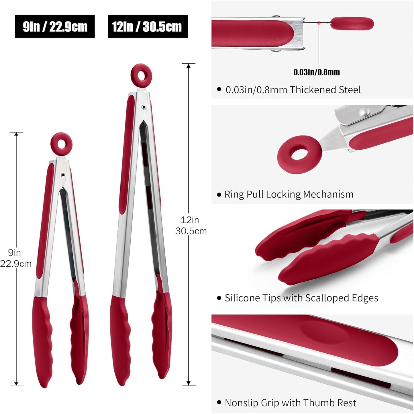 Doosu Kitchen Tongs for Cooking - 600°F Heat Resistant Food Tong Set with Non-Scratch Silicone Tips, Heavy Duty Stainless Steel Locking Tong for BBQ, Grilling Steak, Serving (7+9+12in, Navy Blue)