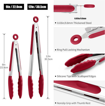 Doosu Kitchen Tongs for Cooking - 600°F Heat Resistant Food Tong Set with Non-Scratch Silicone Tips, Heavy Duty Stainless Steel Locking Tong for BBQ, Grilling Steak, Serving (7+9+12in, Navy Blue)