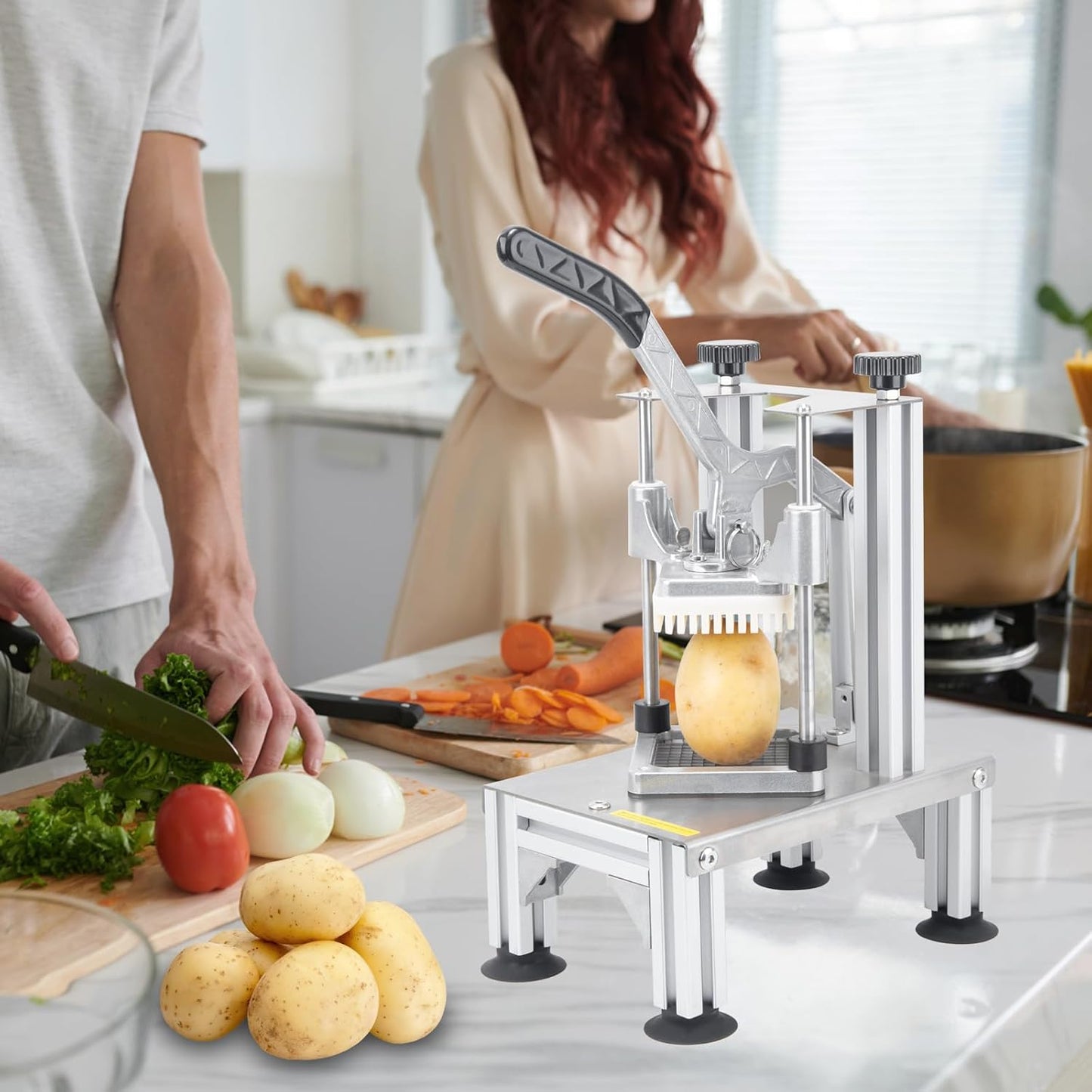 Commercial French Fries Cutter 1/4″ 3/8″ 6 Wedges 6 Wedges to Core Stainless Steel Blades Potato Slicer Fruit Chopper for Restaurant Home Kitchen Cutting, Sliver
