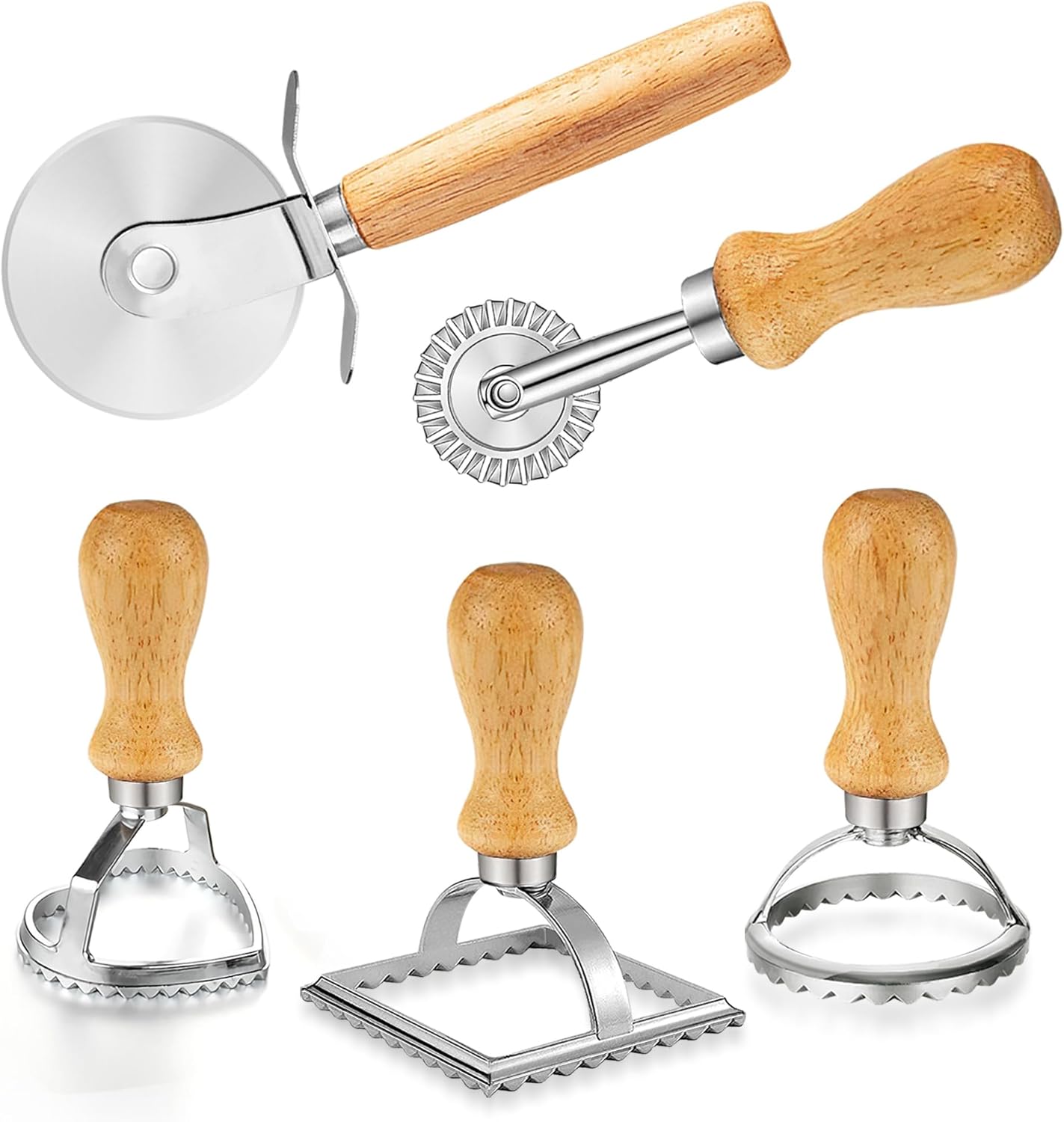 ARTPICO Ravioli Stamp Maker Cutter Roller Wheel Set of 5 Pasta Making Kit Wooden Handle Fluted Edge for Ravioli Press Cutter Pastry Dumplings Lasagna Pierogi Dough cut
