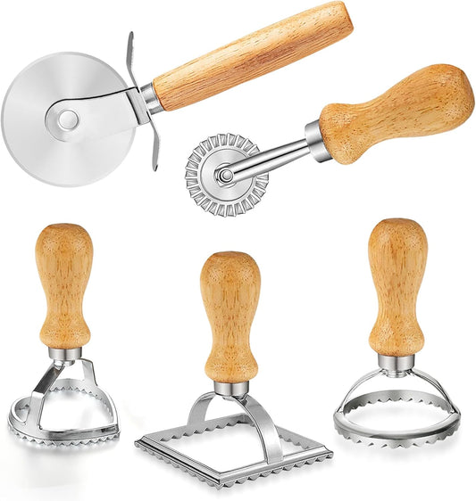 ARTPICO Ravioli Stamp Maker Cutter Roller Wheel Set of 5 Pasta Making Kit Wooden Handle Fluted Edge for Ravioli Press Cutter Pastry Dumplings Lasagna Pierogi Dough cut