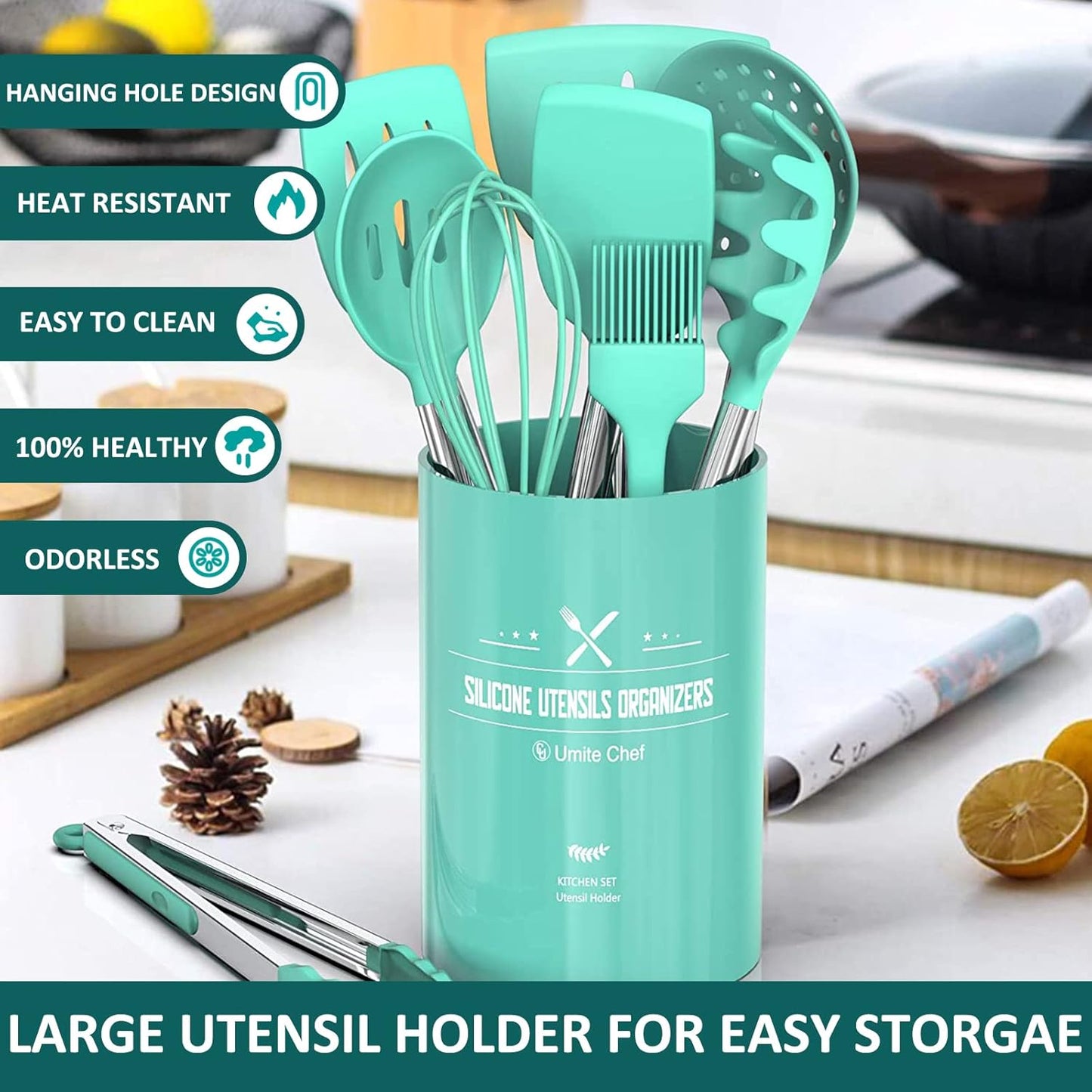 Silicone Cooking Utensil Set, Umite Chef 15pcs Silicone Cooking Kitchen Utensils Set, Non-stick - Best Kitchen Cookware with Stainless Steel Handle - Black Kitchen Utensils