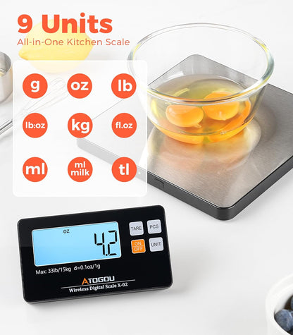 Atogou Upgraded Wireless Food Scale, 33lb/15kg Kitchen Scale with Detachable Display & Larger Platform, 0.1oz/1g, 9 Units, Counting Function, Stainless Steel, for Cooking, Baking, Shipping, Black