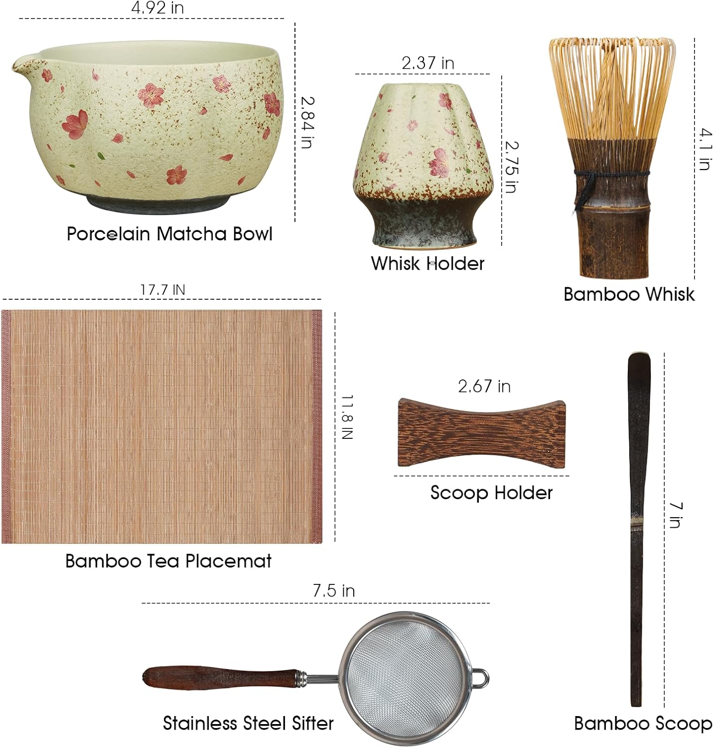 Matcha Whisk Set, 7-Piece Matcha Kit with Ceramic Bowl, Bamboo Whisk, Scoop, Sifter, Holder & Bamboo Mat – Premium Matcha Tea Set for Beginners & Matcha Lovers, Gift Ready