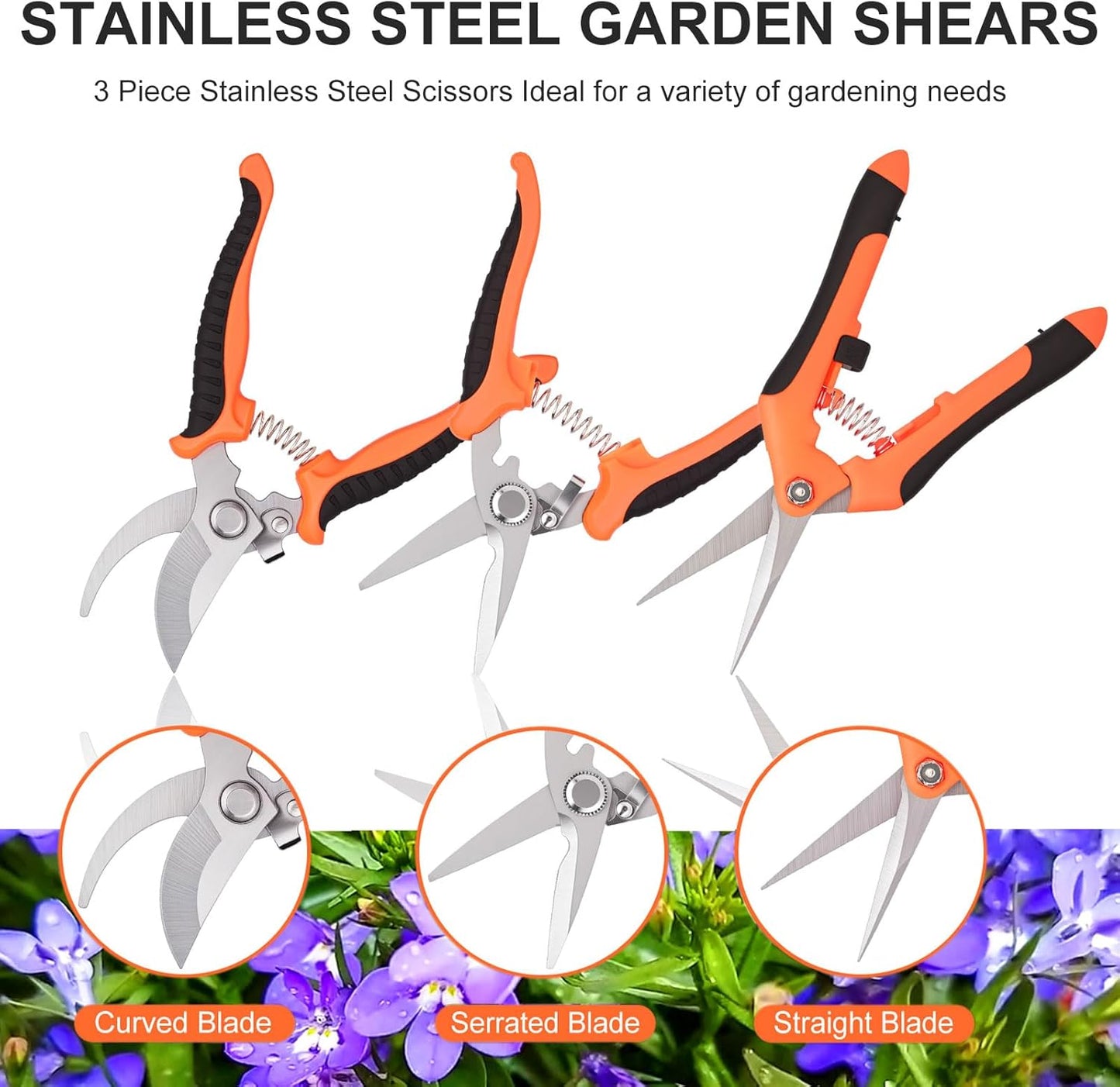 3 Pcs Garden Shears, Stainless Steel Gardening Scissors, Pruning Shears for Gardening, Pruning Scissors for Flowers Fruit Tree
