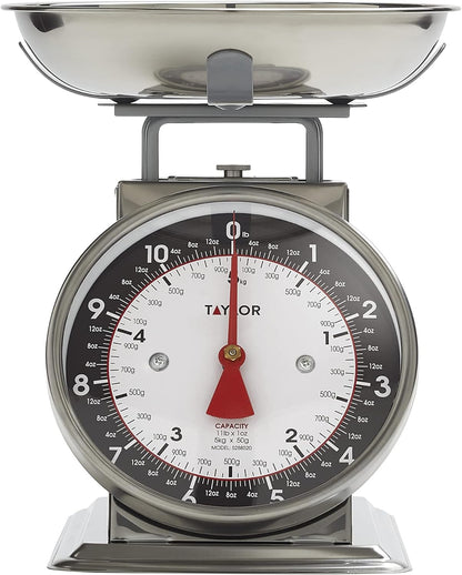 Taylor Mechanical Kitchen Food Scale with Bowl, Weighs Up to 11lbs, Measures in Grams and Ounces, Analog Cooking Scale for Baking, Black and Silver