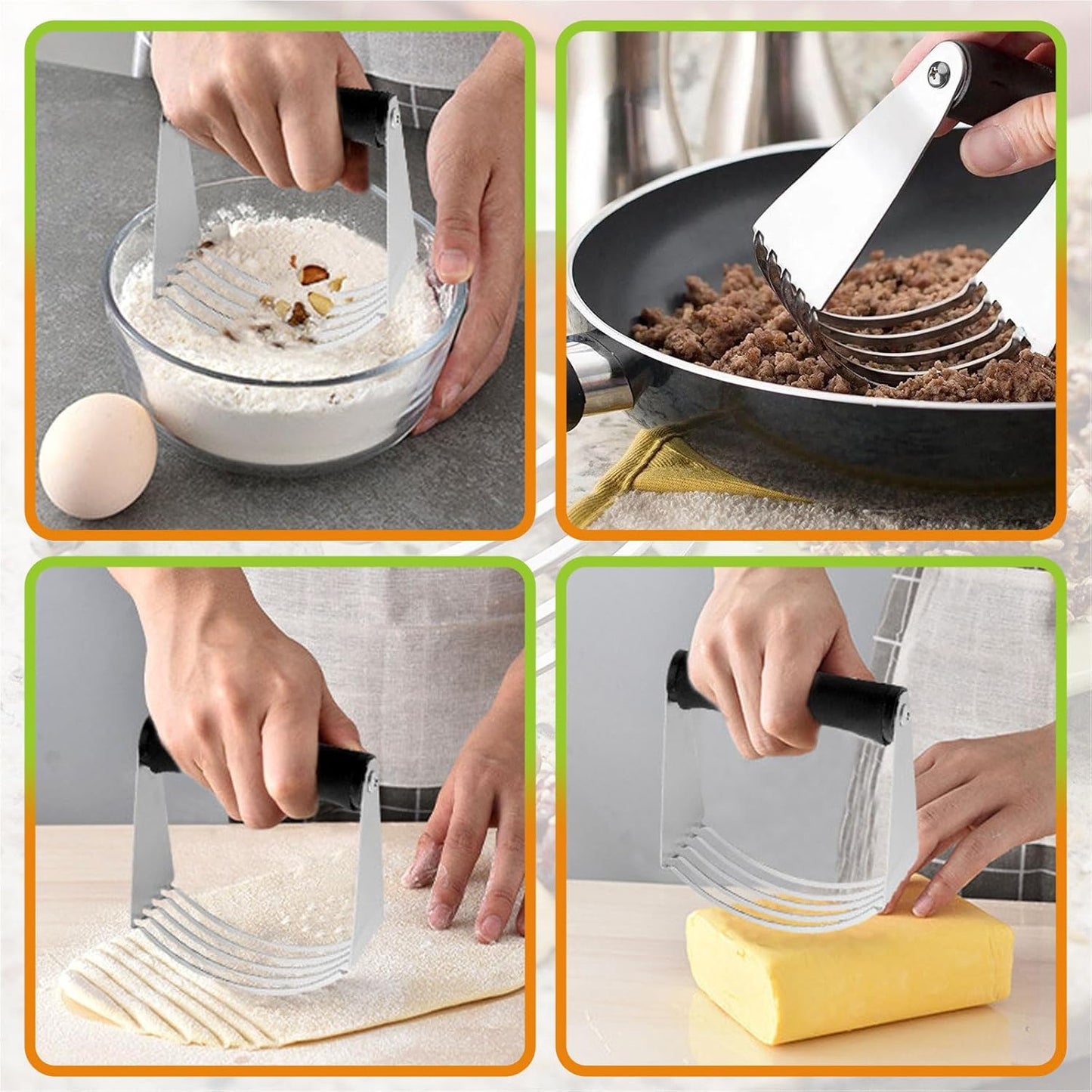 2er Pack Stainless Steel Pastry Blender Cutter and Bench Scraper Set, Efficient Multipurpose Kitchen Baking Tool with Ergonomic Grip Handle for Nut, Pie and Dough Processing (Cutter)