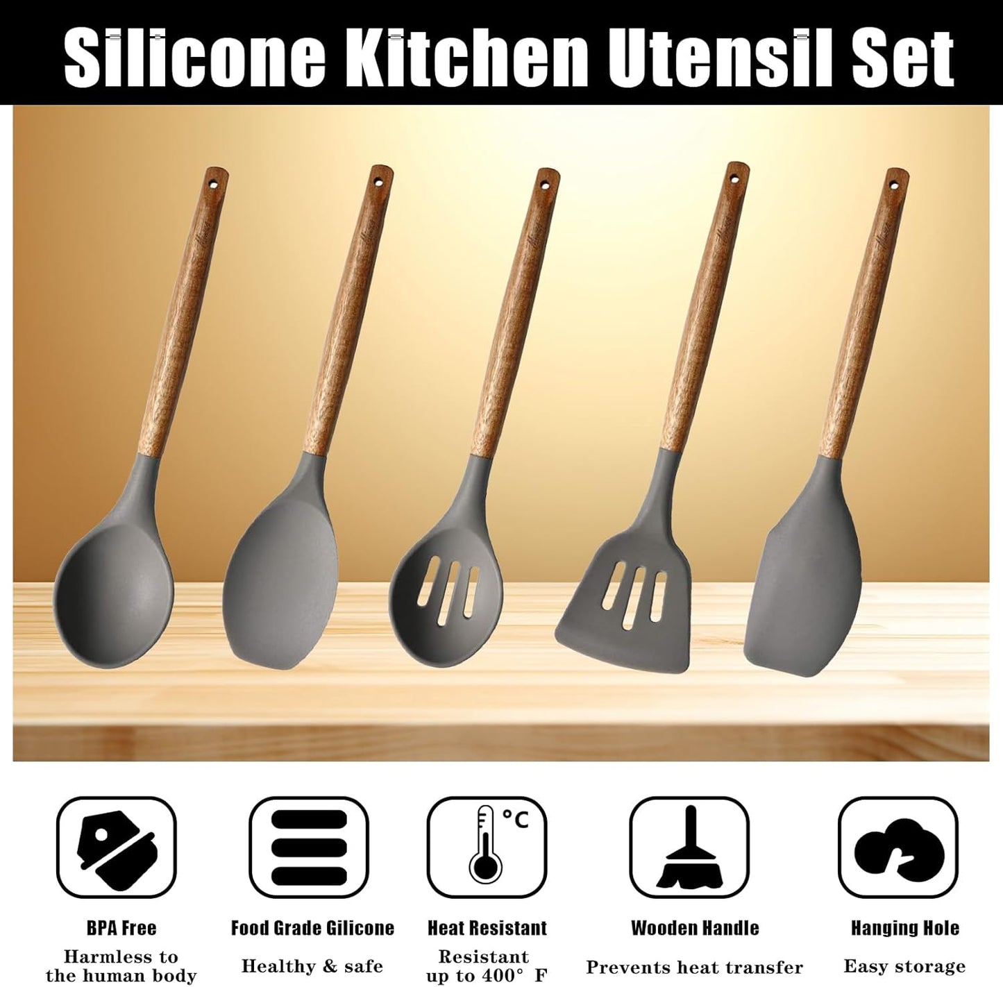 Kitchen Utensils Set, Silicone Cooking Utensils Set,Non-Stick Silicone Spatula Set with Natural Acacia Hard Wood Handle, 5 Piece, Upgraded Thickened Cookware