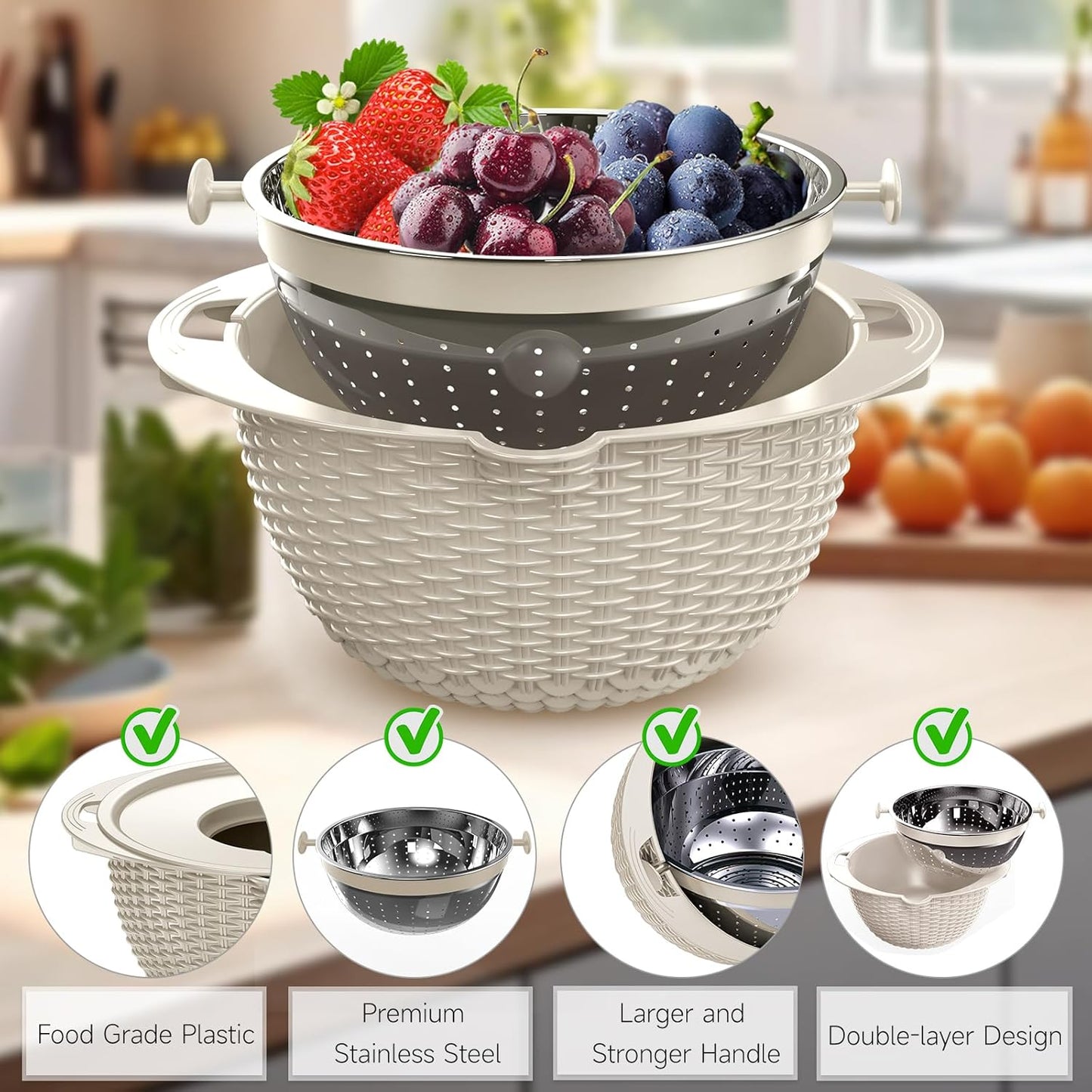 4-1 Colander with Bowl Set - Pasta Strainer - Colander for Kitchen - Strainers and Colanders Rice Strainer Fruit Cleaner Veggie Wash Sink Strainer Kitchen Essentials - Black
