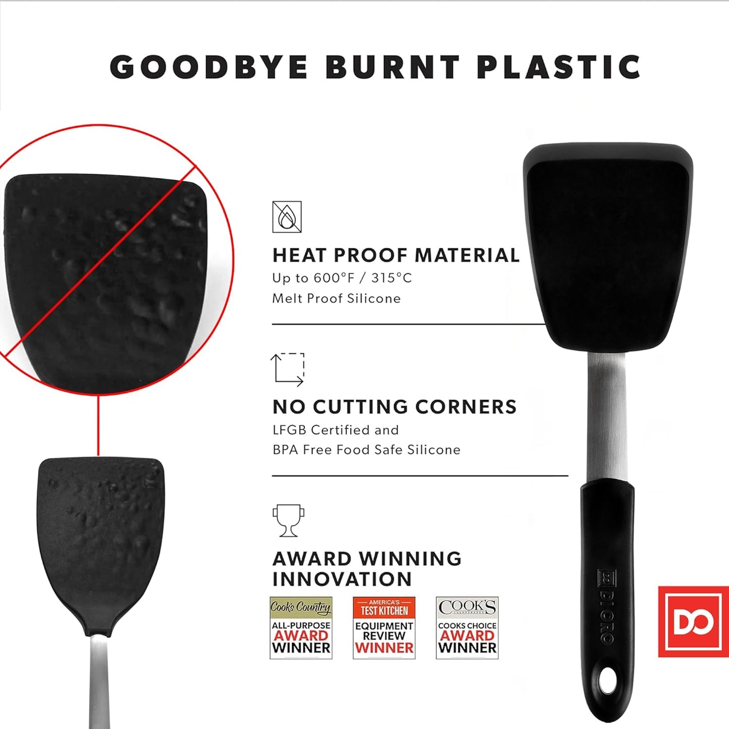 DI ORO - Chef Series FLEX Silicone Spatula 600ºF Heat-Resistant Flexible Silicone Rubber Turner Spatulas (3-Piece Set)