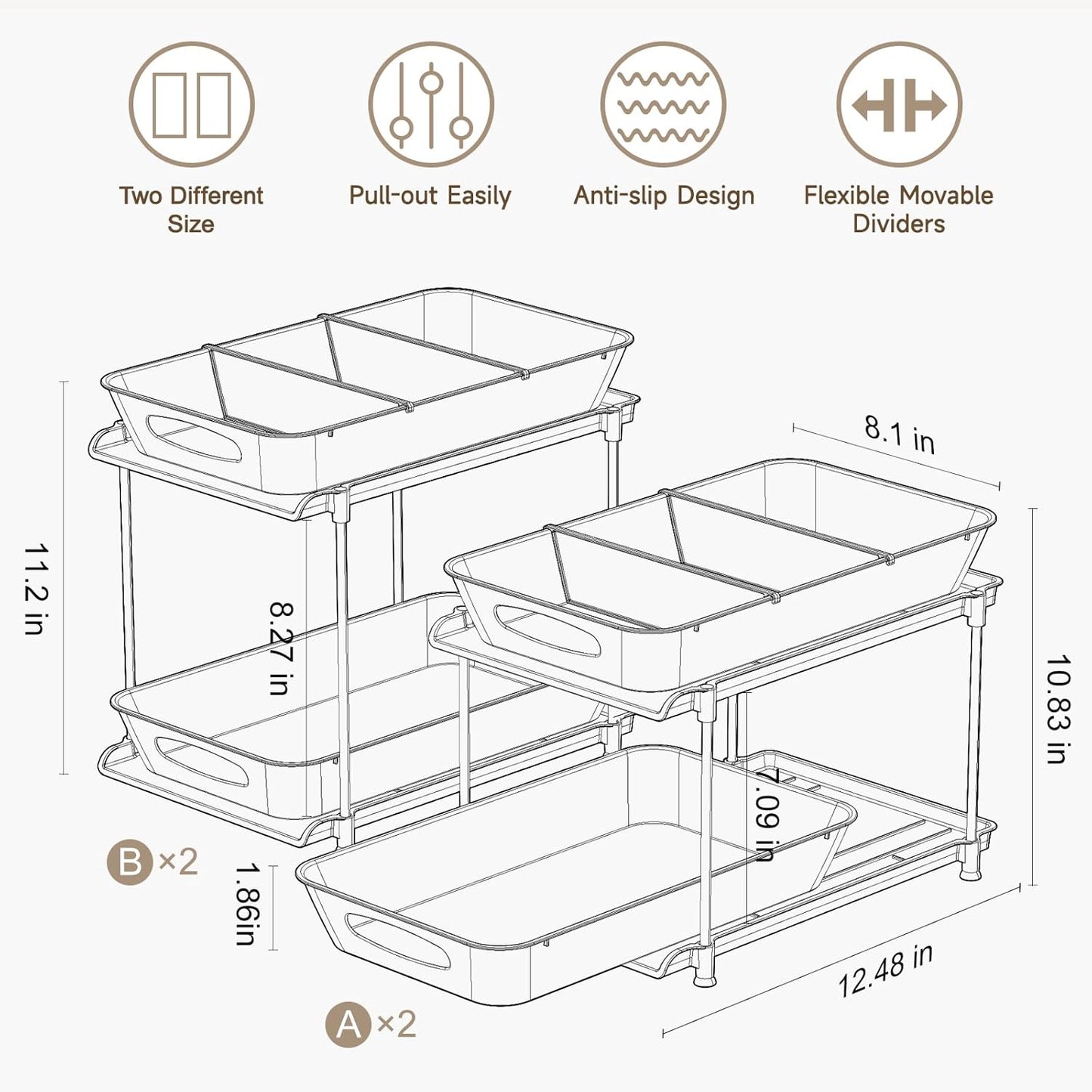 Sevenblue 4 Pack Under Sink Organizer, Bathroom Organizers and Storage, 2 Tier Multi-Use Pull Out Cabinet Organizer with Hang Hooks and Cups (Black, 4 Pack)