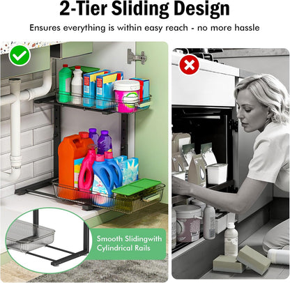 ARSTPEOE Under Sink Organizer - 2 Packs Multi-Purpose Pull-Out Storage Organizers, Slide out Pull out Metal Cabinet Organizer Shelf, Storage for Kitchen Bathroom, Black