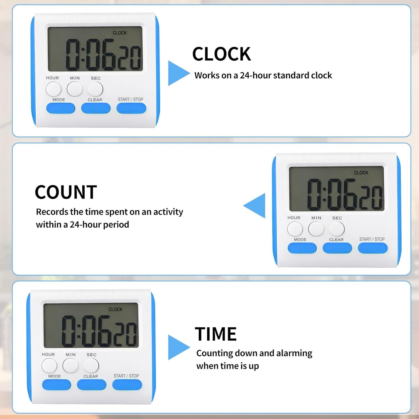 Mudder 3 Pack Digital Kitchen Timer for Cooking, Big Digits, 24 Hour Magnetic Backing Stand Kitchen Timers Clock for Classroom Kids Teachers, Loud Alarm and Big Screen (Black and White)