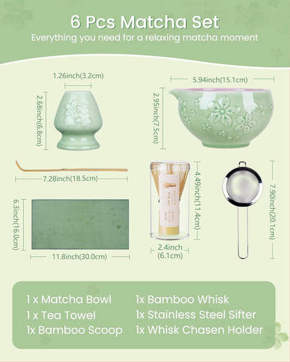 ZENS Matcha Whisk Set, Ceramic Matcha Kit Set Includes Matcha Bowl, Bamboo Whisk and Scoop, Chasen Holder, 304 Sifter and Tea Mat - 6Pcs Matcha Kit for Matcha Lovers (White)