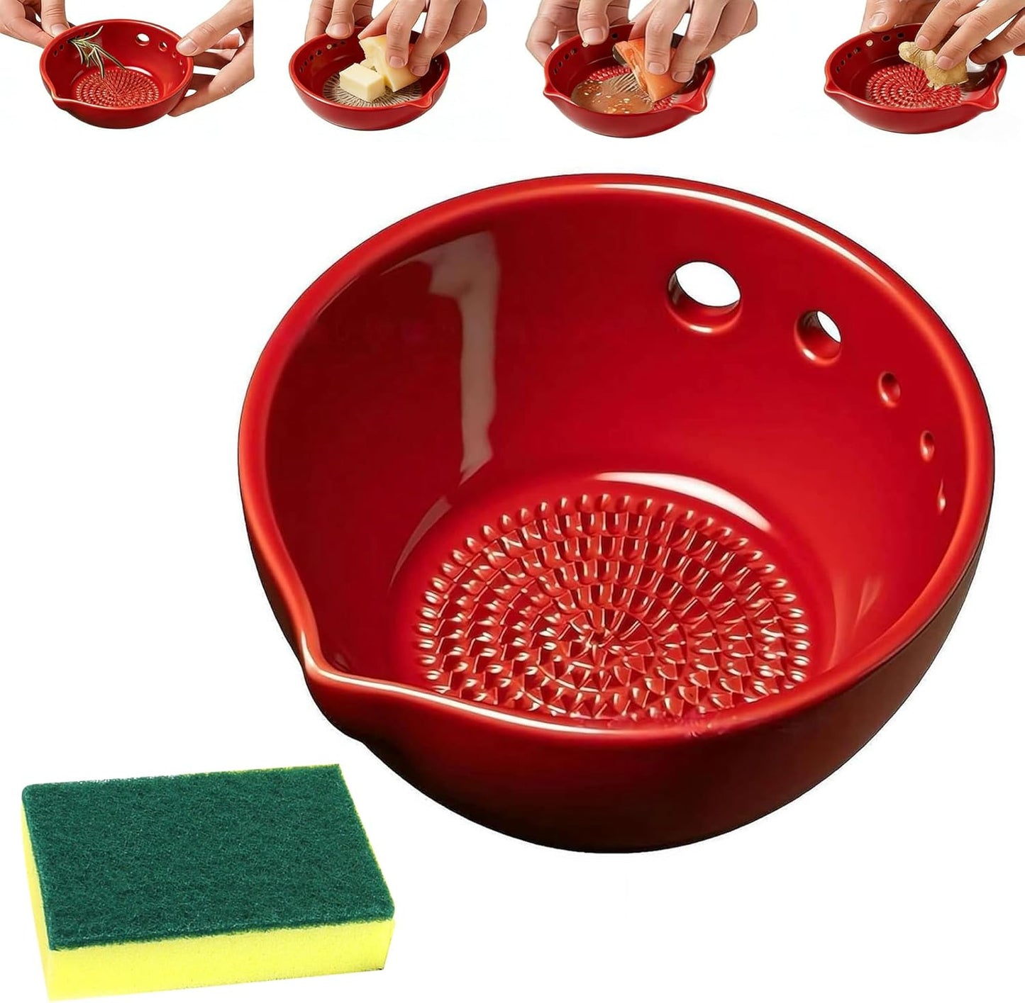 Herb Stripper And Garlic Grater Bowl, 2-in-1 Ceramic Stoneware Kitchen Tool, Handmade Garlic Grinding & Prep Bowl with 5 Hole Sizes & Integrated Grater Plate & Rinse Drain, Green 4.8 * 4.4 * 2in