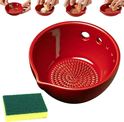 Herb Stripper And Garlic Grater Bowl, 2-in-1 Ceramic Stoneware Kitchen Tool, Handmade Garlic Grinding & Prep Bowl with 5 Hole Sizes & Integrated Grater Plate & Rinse Drain, Green 4.8 * 4.4 * 2in