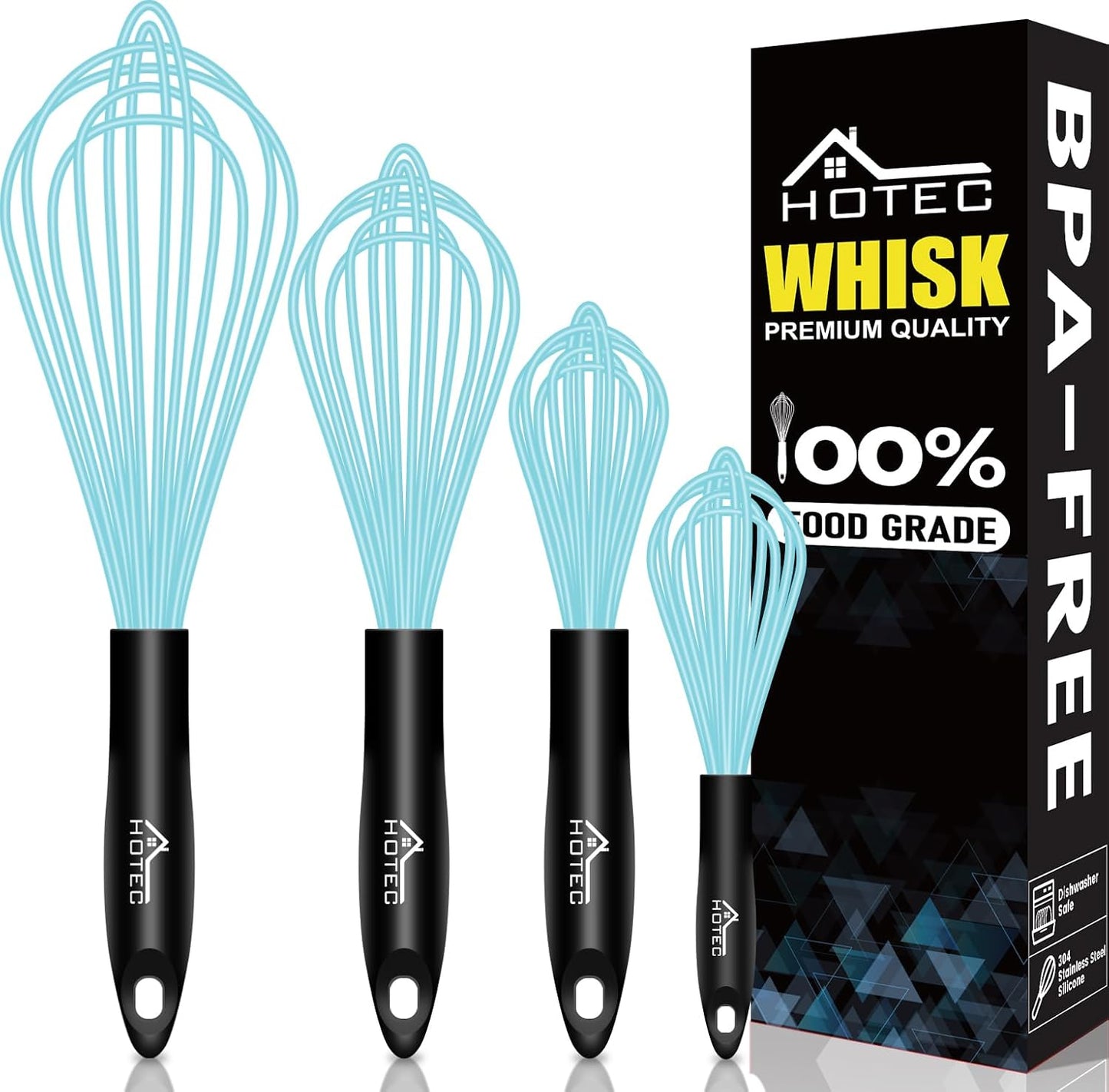 HOTEC 4 Pieces Silicone Whisks Set, Wire Balloon Whisks for cooking Egg Beater, Non-slip Handle Whisk for Non-stick Cookware Perfect for Cooking, Stirring, Beating and Blending (Multicolor)