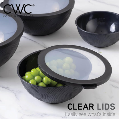COOK WITH COLOR Mixing Bowls with Lids - 12 Piece Plastic Nesting Bowls Set includes 6 Prep Bowls and 6 Lids, Microwave Safe Mixing Bowl Set, Black Embossed - Colors B