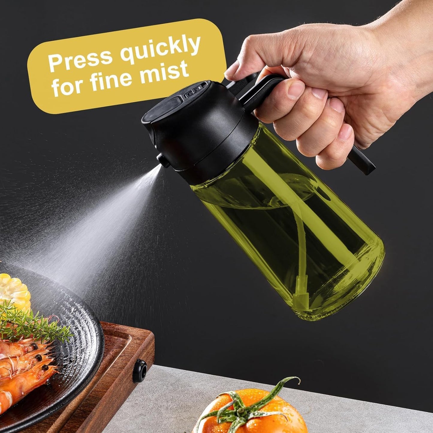 16oz/470ml Glass Olive Oil Sprayer for Cooking - 2 in 1 Olive Oil Dispenser for Kitchen Gadgets, Air Fryer, Salad, and BBQ (black)