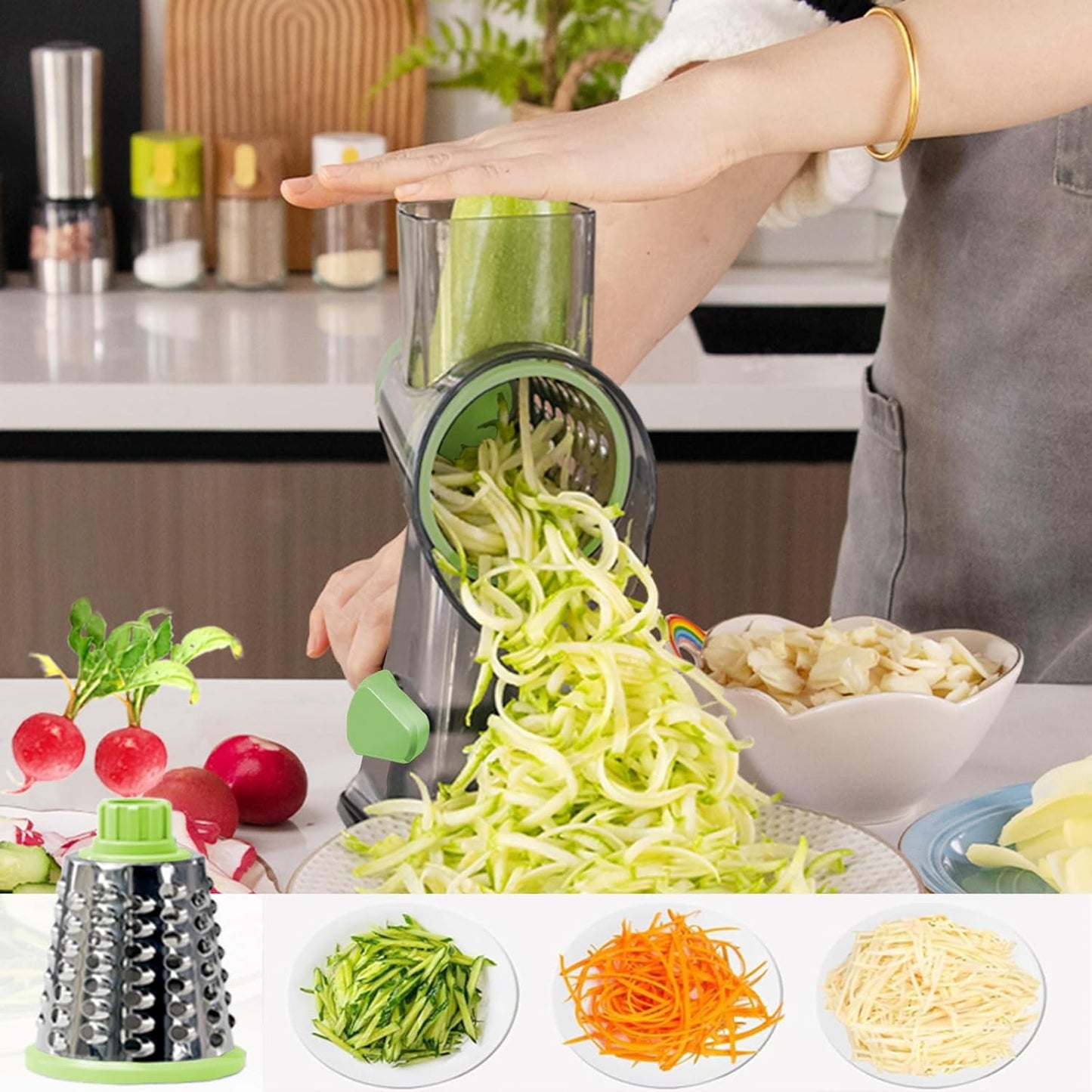 Cheese Grater with Handle,Multifunctional Rotary Cheese Grater,Kitchen Cheese Shredder Can Easily Chop Vegetables,Potatoes,Carrots,Etc.The Suction Cup is Stable and Easy to Clean (light green)