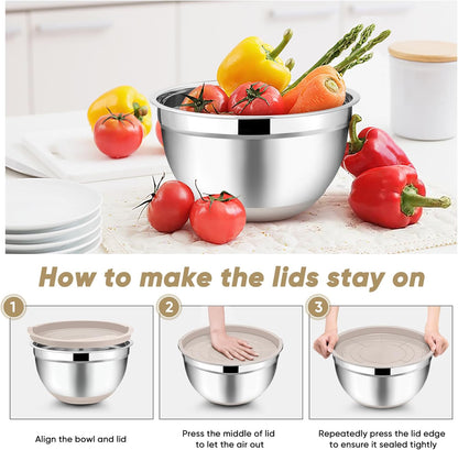 TeamFar Mixing Bowls with Lids Set, 7/3.5/2.5/1.5/1 QT, Stainless Steel Large Red Nesting Metal Salad Mixing Bowl Set of 5, Healthy & Easy Clean, Airtight Lid & Non-slip Bottom