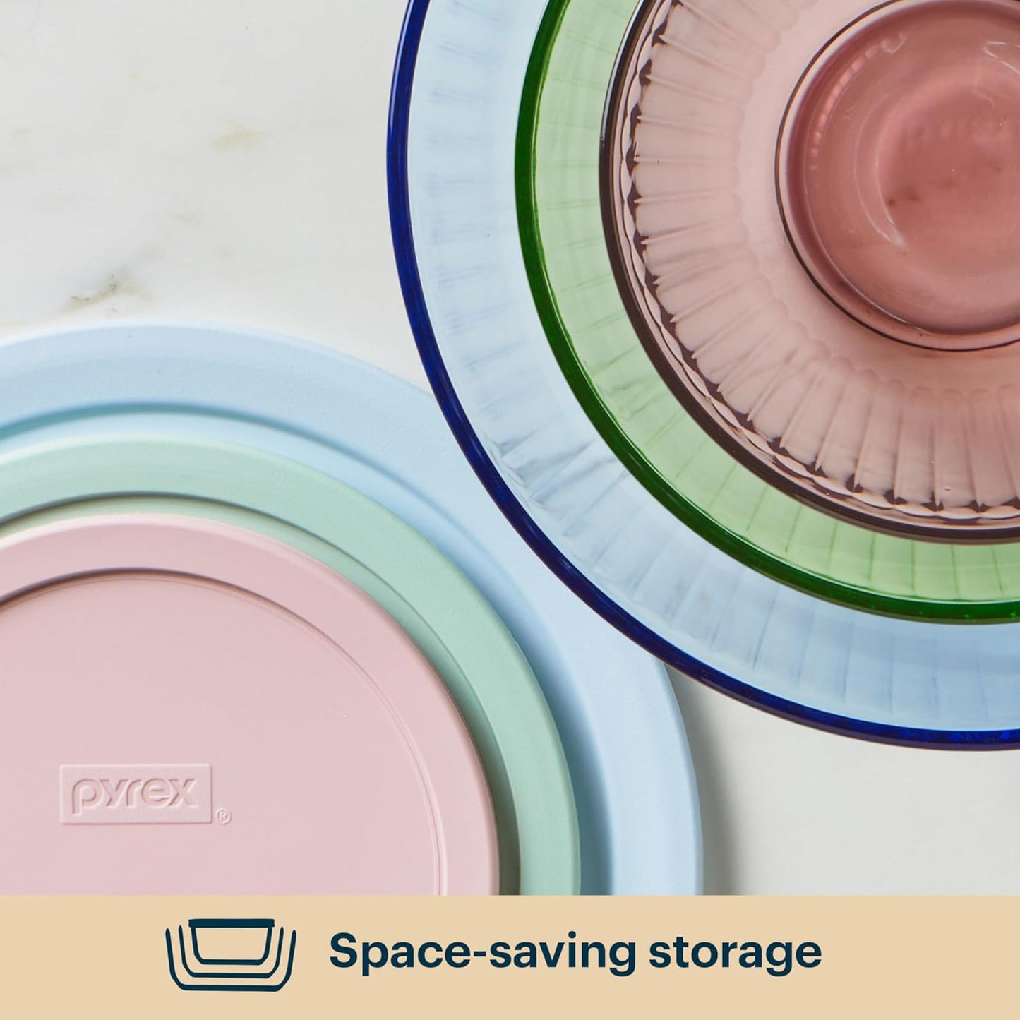 Pyrex Colors Tinted (3-Pack, Full Set) Sculpted Tinted Glass Mixing Bowls With Plastic Lids, Nesting Space Saving Set of Bowls For Prepping and Baking, 1.3QT, 2.3QT & 4.5QT