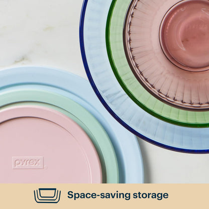 Pyrex Colors Tinted (3-Pack, Full Set) Sculpted Tinted Glass Mixing Bowls With Plastic Lids, Nesting Space Saving Set of Bowls For Prepping and Baking, 1.3QT, 2.3QT & 4.5QT