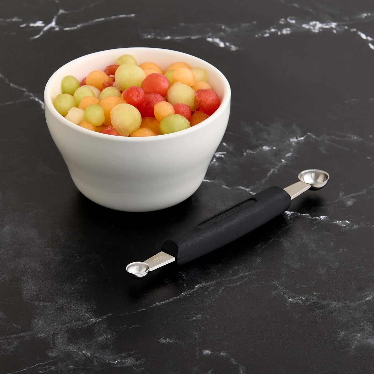 Cat Cora Melon Baller, Professional 18/8 Stainless Steel Dual Blades 10/15-Millimeter for Melon Balls and Garnishes, Ergonomic Soft-Grip Handle
