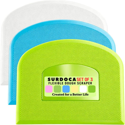 SURDOCA Dough Scraper Bench Scraper - 3P 4.7x3.7" Plastic Flexible Bowl Scraper, Sharp Edge & Angles Cake Scraper. Non-Slip Bakeware Decorating Tools Sculpting & Modeling Tools - Green+White+Green - Colors B